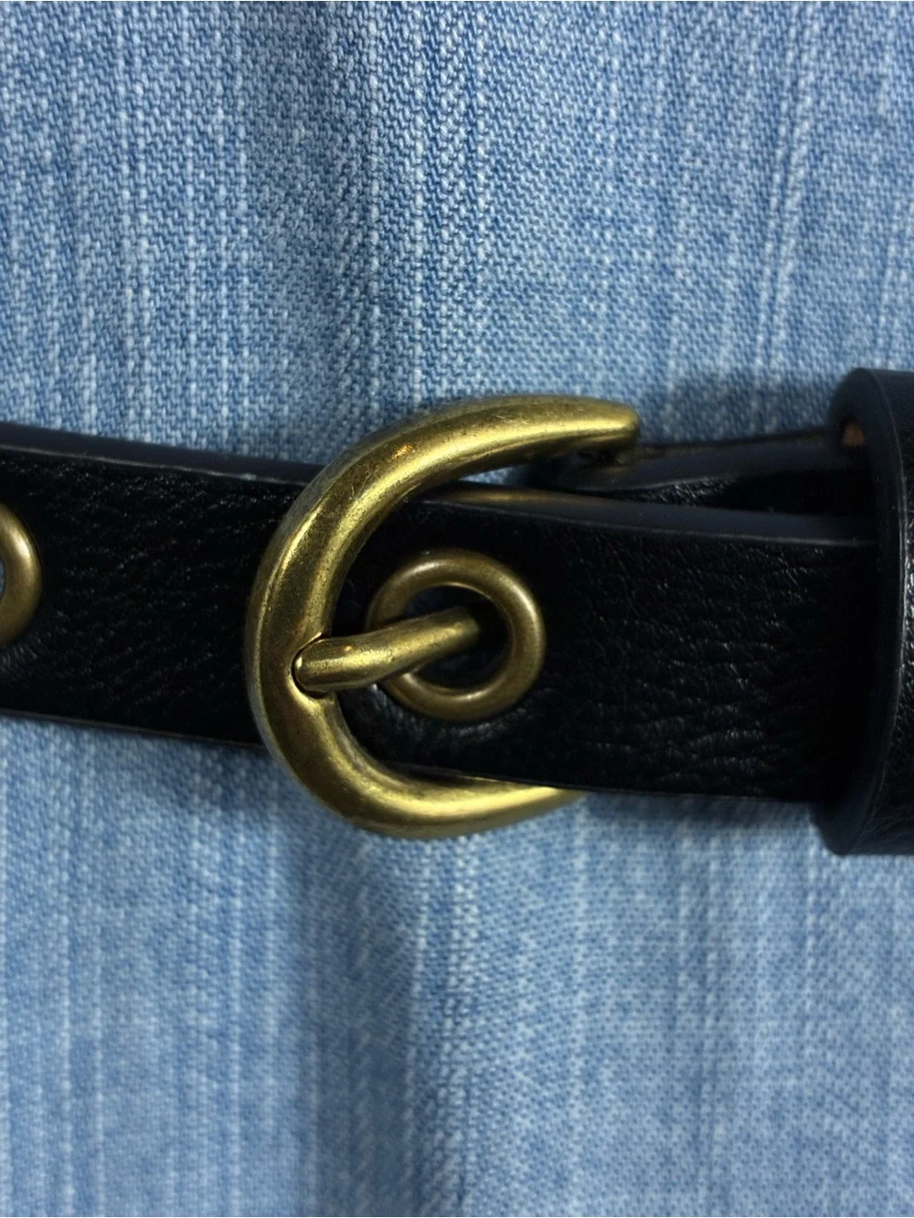 Womens belt 40” long Black Leather with Brass-Tone Buckle metal rings